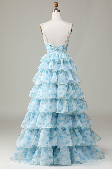Spaghetti Straps Cut Out Tiered Blue Ball Dress